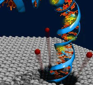 The image depicts chemically modified DNA translocating through a nanoscale pore in silicon nitride.
