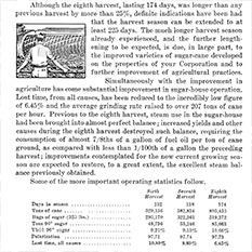 Drawing of man and harvester with operating statistics at bottom of page