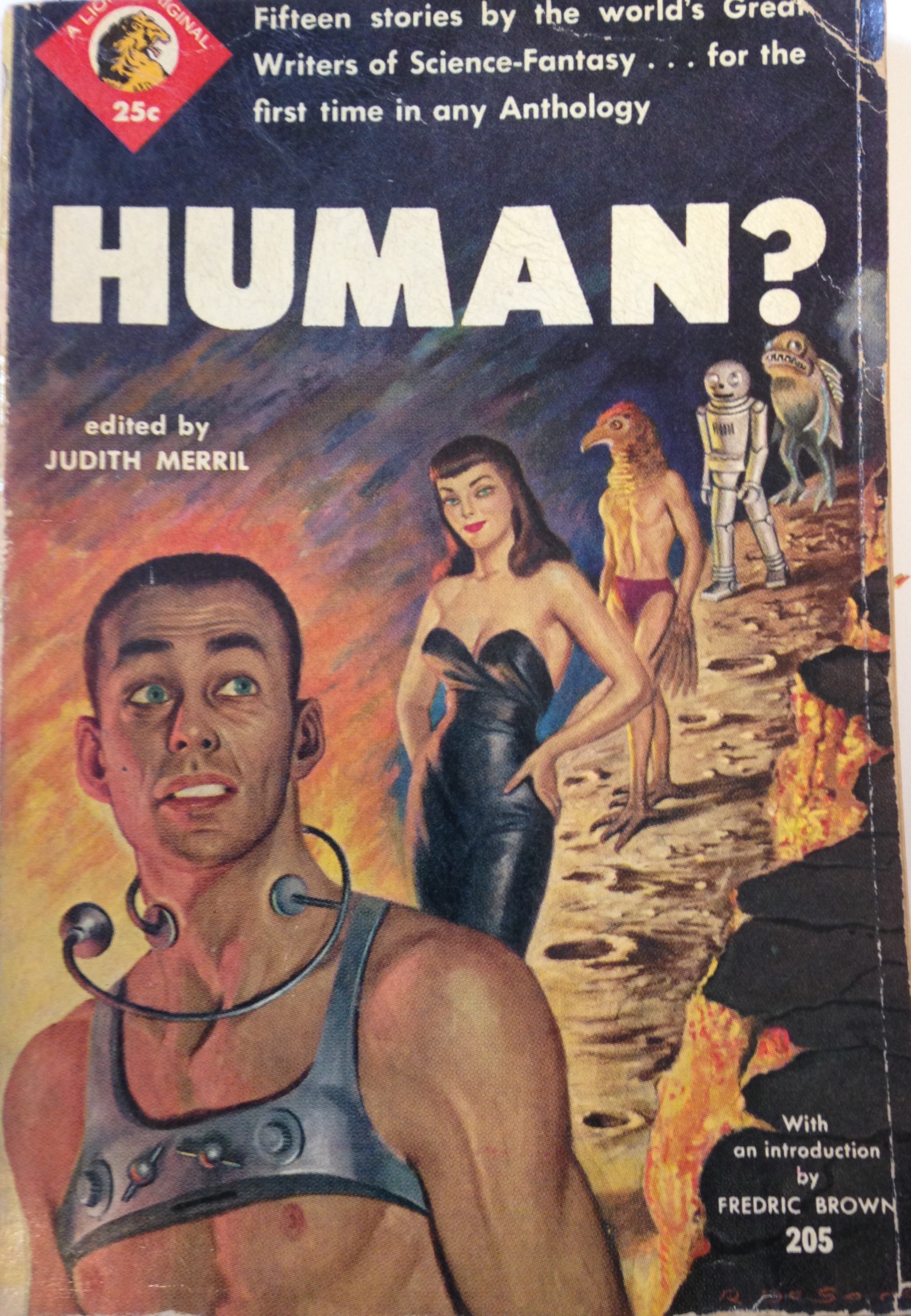 Cover of the book "Human?", where man looks bewildered by a procession of human-like figures