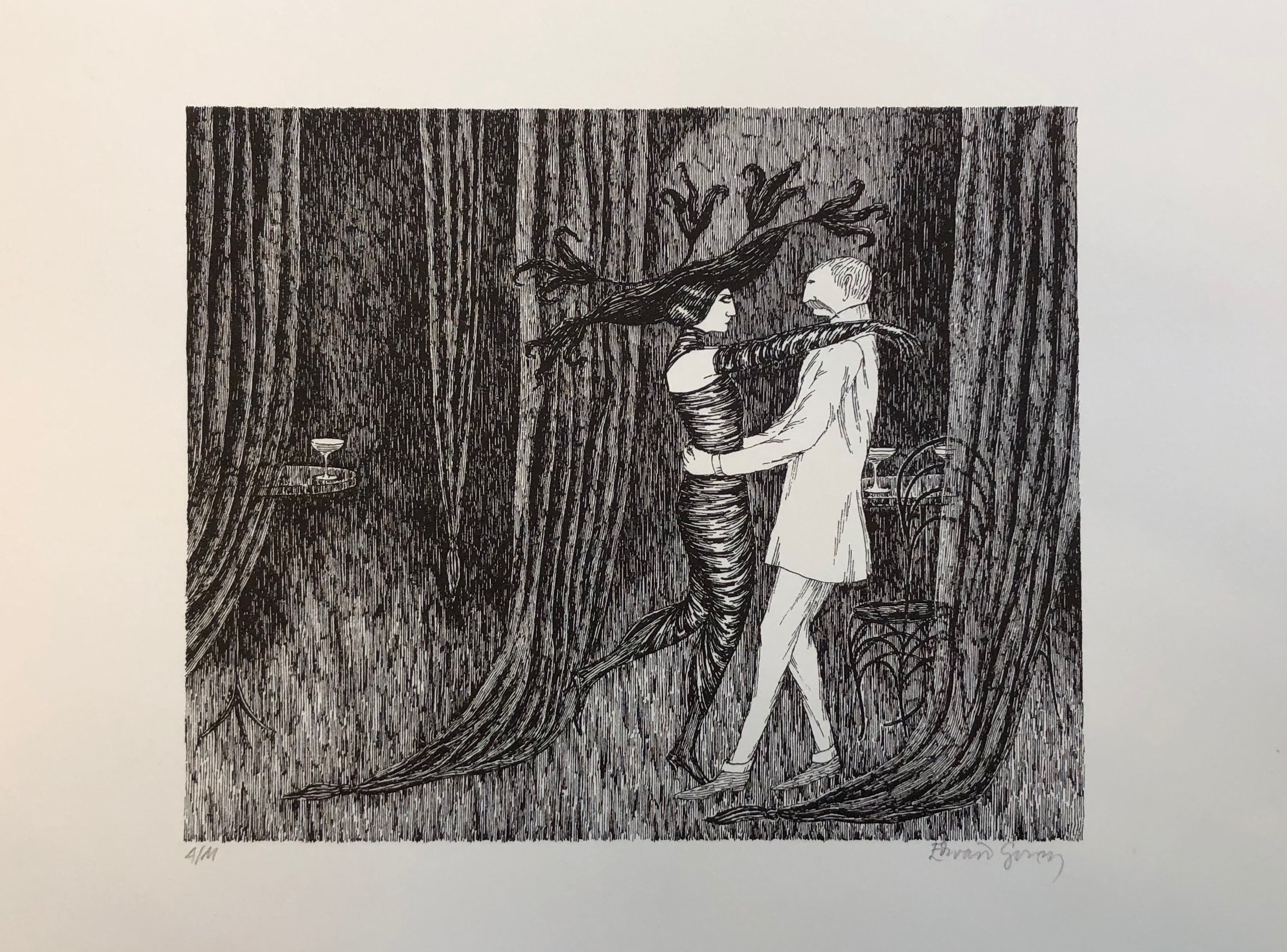 Edward Gorey sketch of a man and a woman dancing