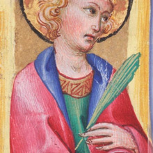 Initial I with a saint, possibly St. John the Evangelist. Attributed to Sano di Pietro, c. 1470. Free Library of Philadelphia, Lewis E M 25:1.