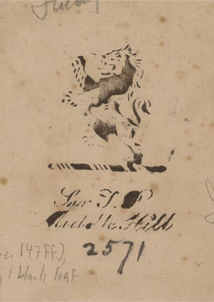 Book stamp of Sir Thomas Phillipps (1792-1872) showing a lion rampant