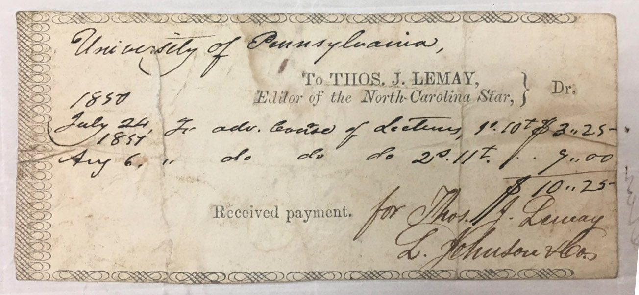 Detail of Receipt of payment for advertising two courses at the University of Pennsylvania in the North-Carolina Star newspaper, 1850