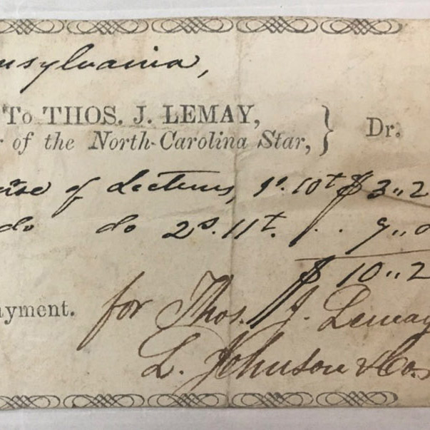 Receipt of payment for advertising two courses at the University of Pennsylvania in the North-Carolina Star newspaper, 1850