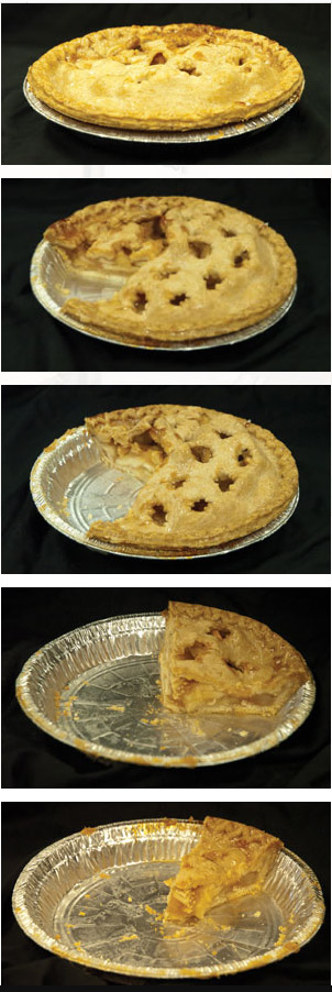 Apple pie, series of 5 pictures from whole pie to a single piece