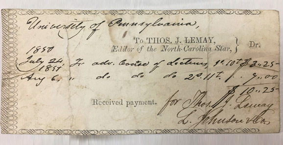 Receipt of payment for advertising two courses at the University of Pennsylvania in the North-Carolina Star newspaper, 1850