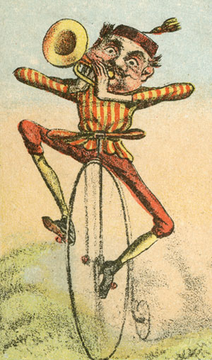 Detail of Currier &amp; Ives trade card, The Graces of the Bicycle (New York, 1880), Dr. Daniel and Eleanor Albert Medical Ephemera Collection, Rare Book &amp; Manuscript Library