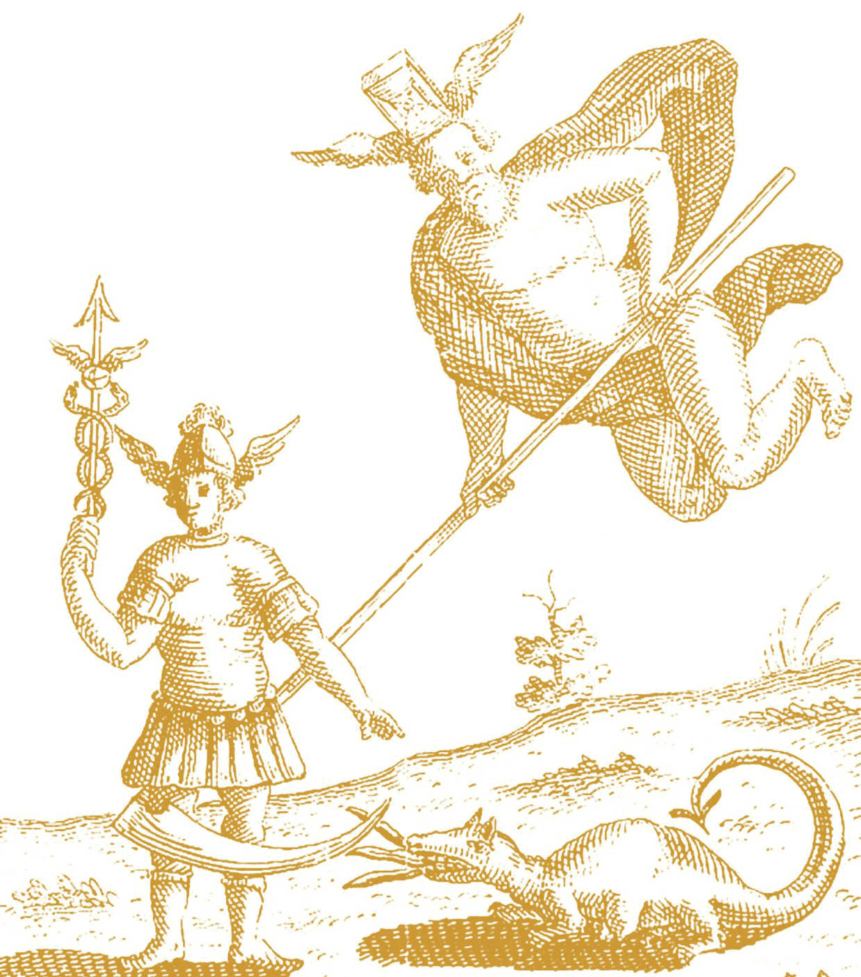 from Uraltes  chymisches  Werk: Youth or Hermes, with caduceus and wearing petasos. He is being scythed down by Death, flying and wearing a flying loop of drapery and, as a hat, a winged hourglass. A small dragon sits nearby, shooting flames from its mouth