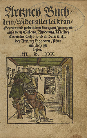 Title page with woodcut of tooth extraction from "Artzney Buchlein" (Leipzig,1530)