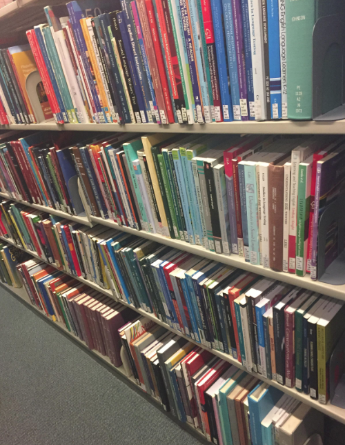 Picture of many of the ESL-related books in the Van Pelt Library stacks