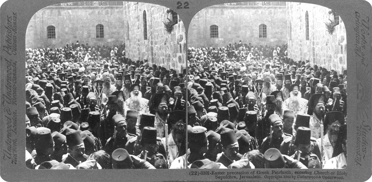 Caption below reads, "Easter procession of the Greek Patriarch entering Church of Holy Sepulchre, Jerusalem"