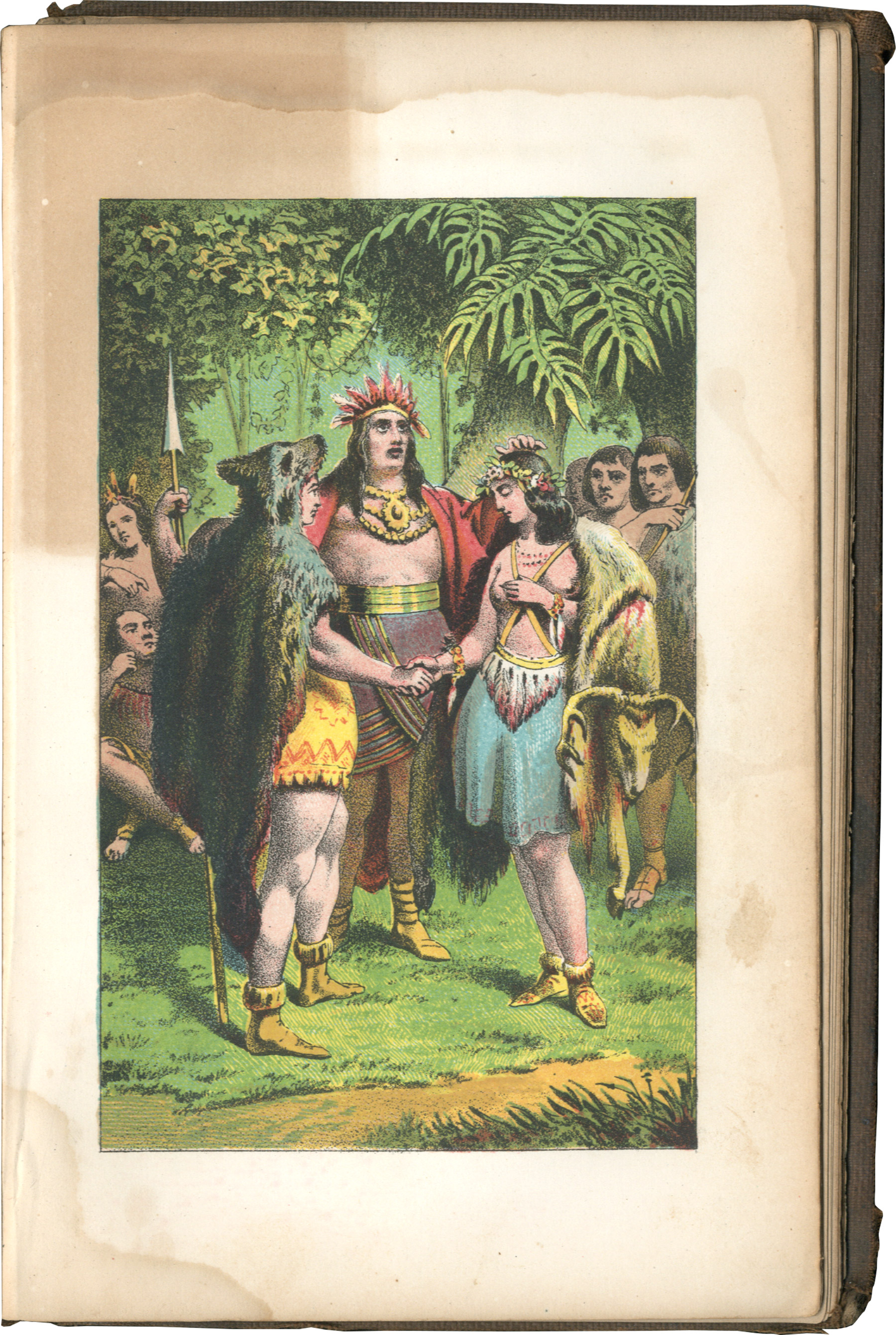 Illustration featuring various figures in Native American "dress"