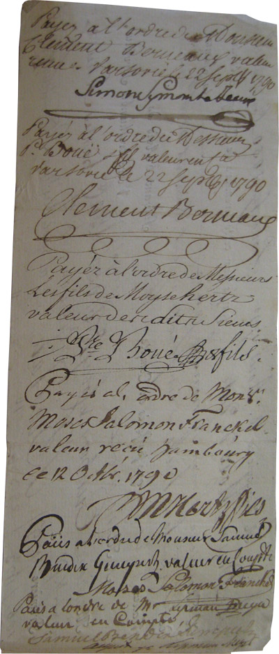 Verso of bill of exchange; second exchange handwritten and signed for with list of signatories