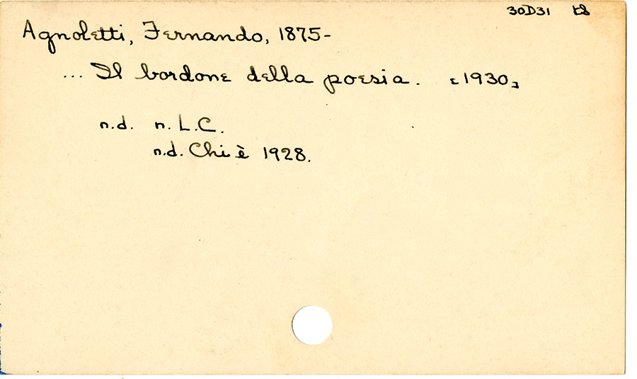 Original card catalog entry for Fernando Agnoletti :Il bordone della poesia