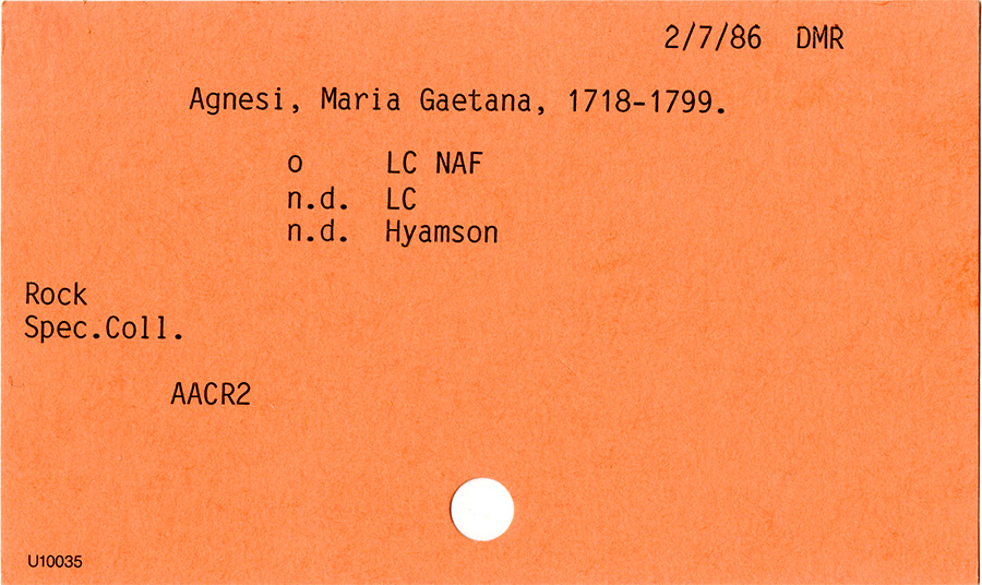 Original card catalog entry: Maria Gaetana Agnesi