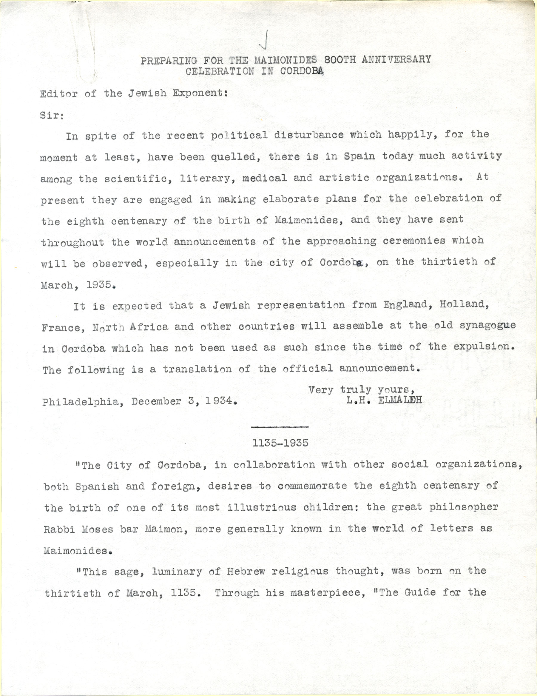 Elmaleh to Adler: copy of letter to Philadelphia Jewish Exponent with translation of Cordoba manifesto, page 1