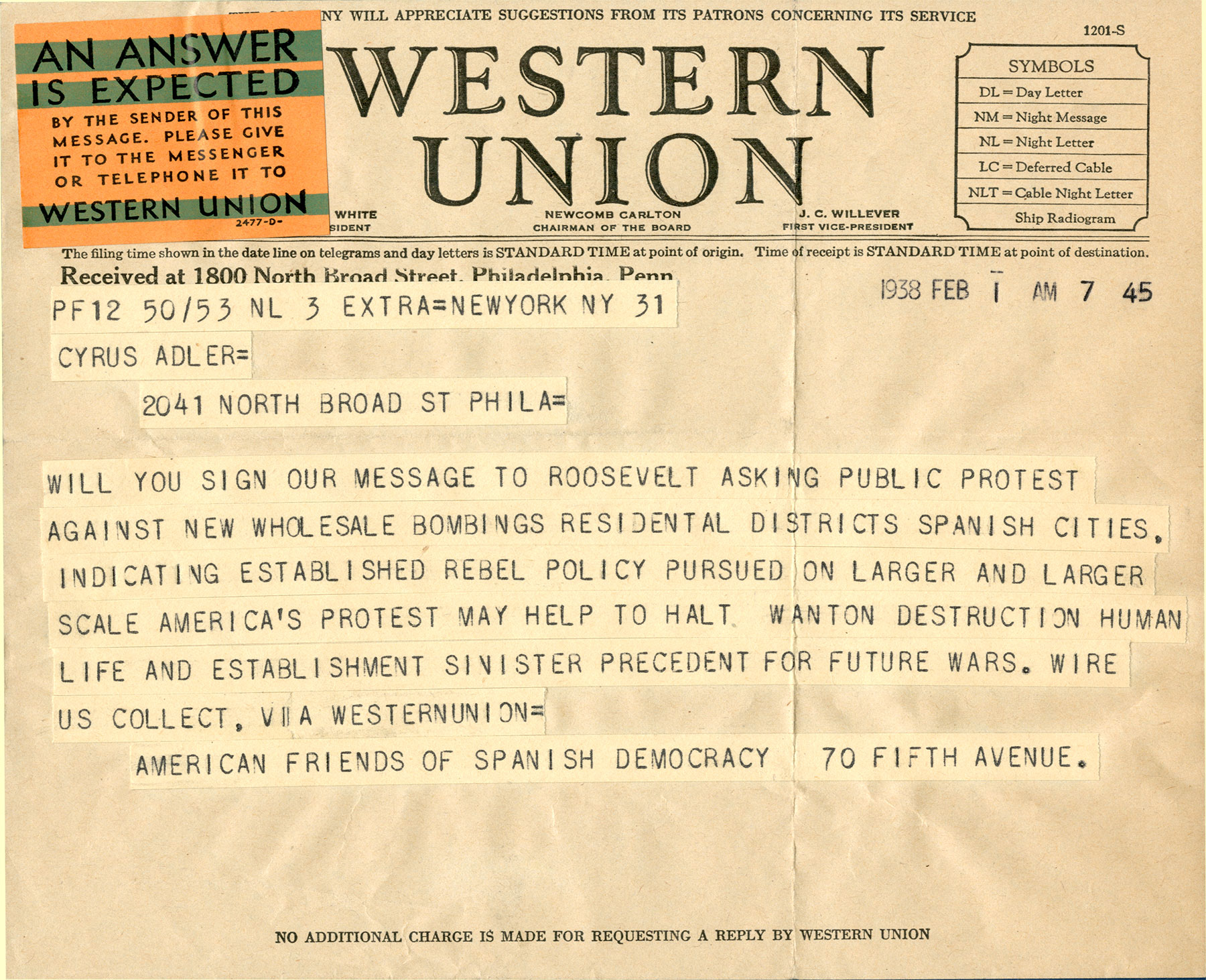 Telegram seeking Adler's endorsement of a petition from American Friends of Spanish Democracy to Roosevelt