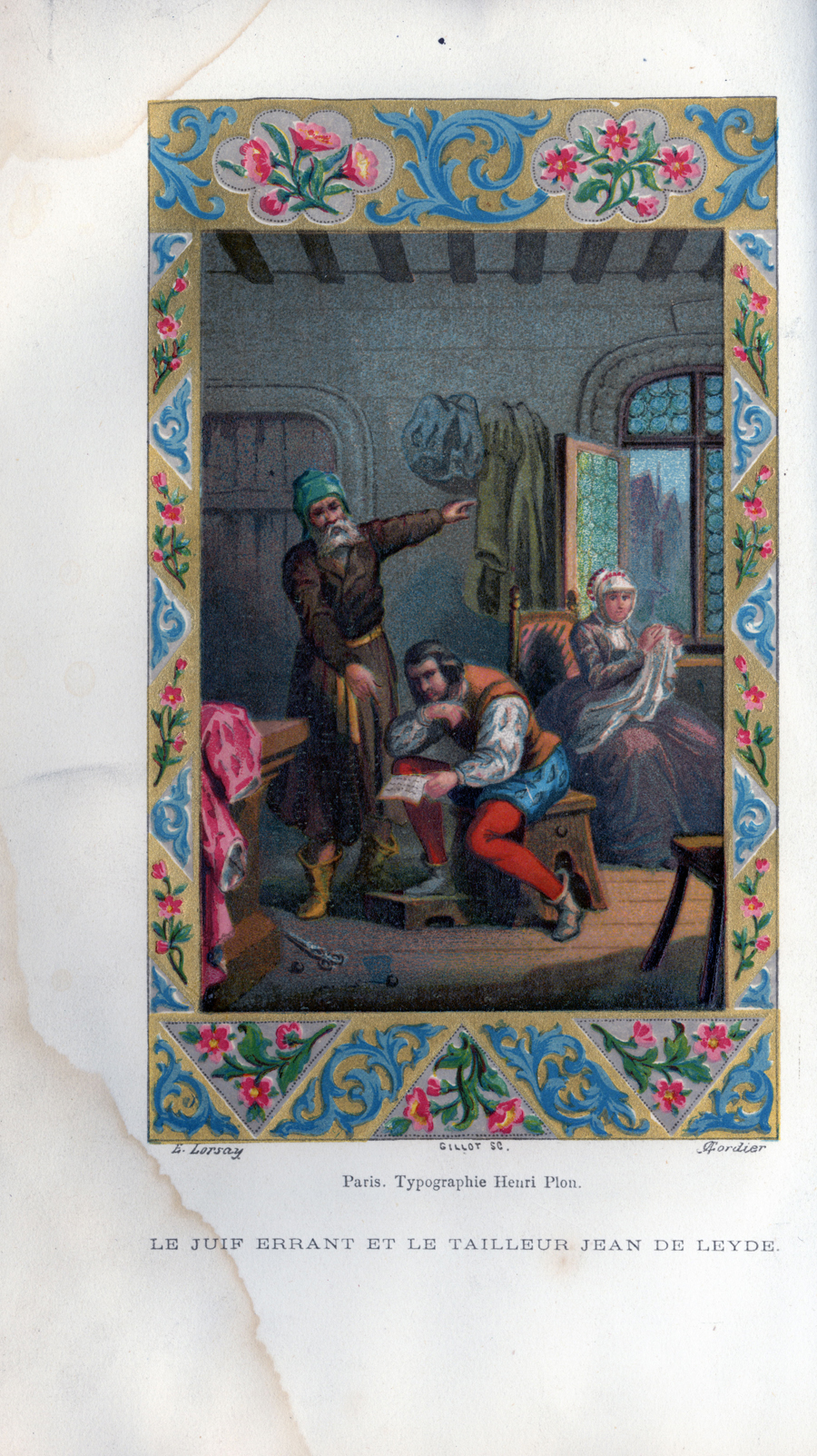 Scene with description that reads "Le juif errant et le tailleur Jean de Leyde"