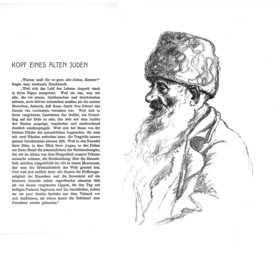Sketch of an older man opposite paragraph with the header, "Kopf eines alten juden"