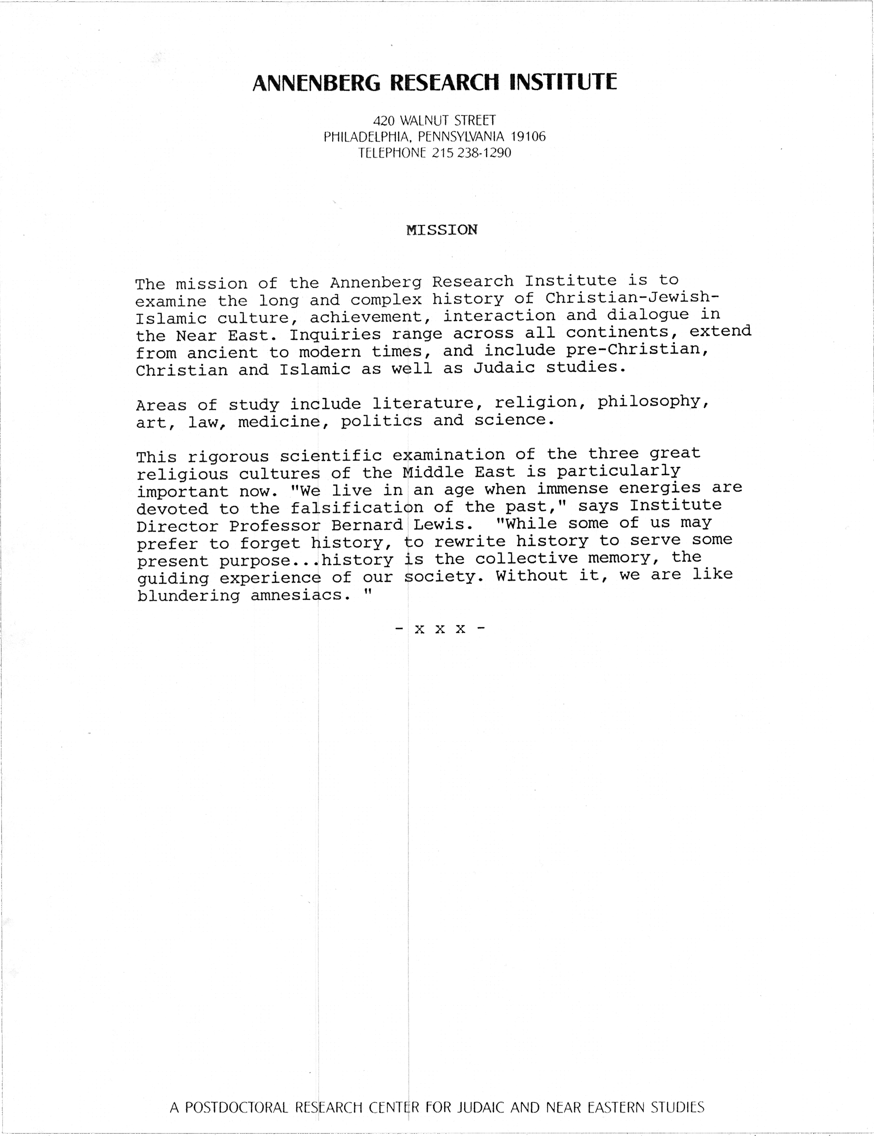 Letterhead: Annenberg Research Institute, A Postdoctoral Research Center for Judaic and Near Eastern Studies, Mission statement 