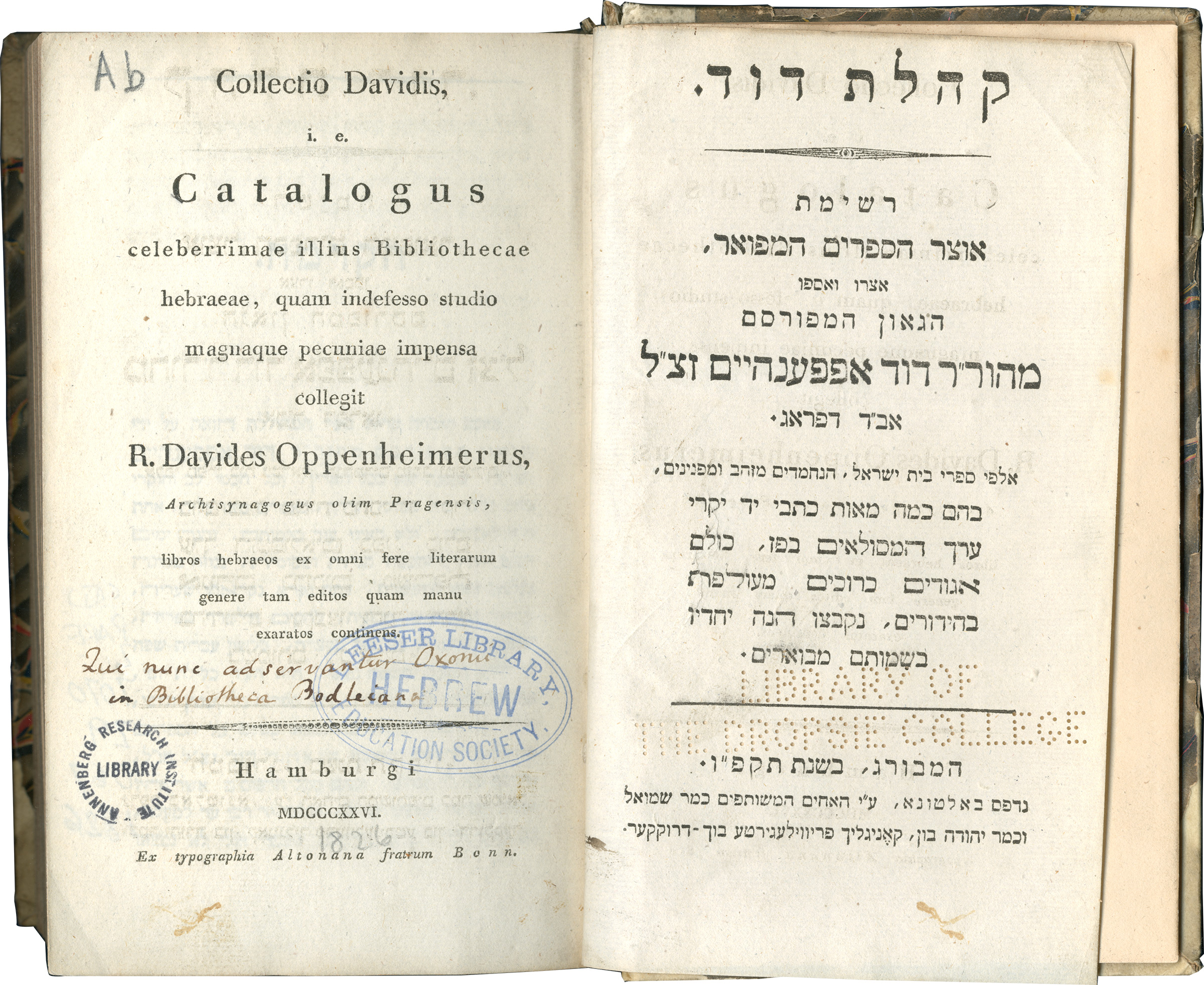 Collectio Davidis, facing title pages  in Latin and Hebrew