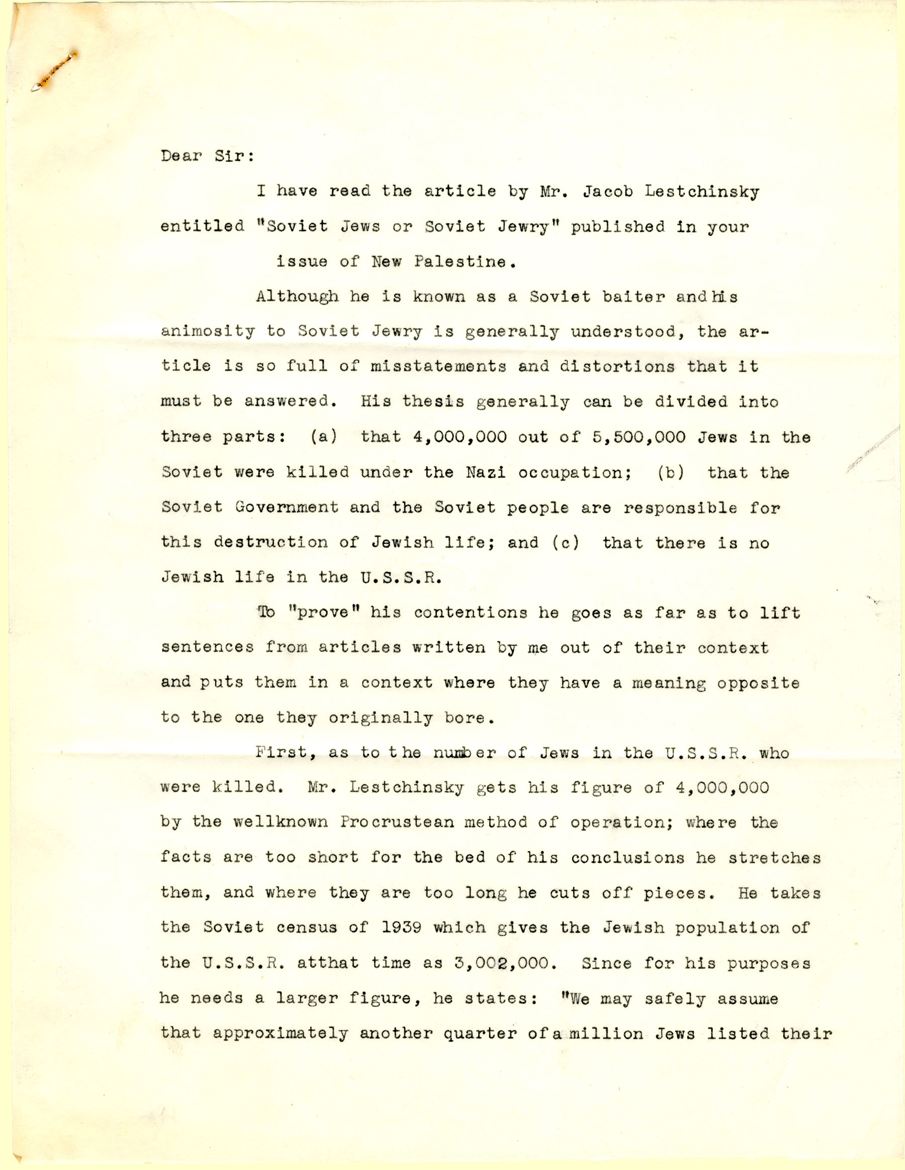 B.Z. Goldberg's letter to The New Palestine, page 1