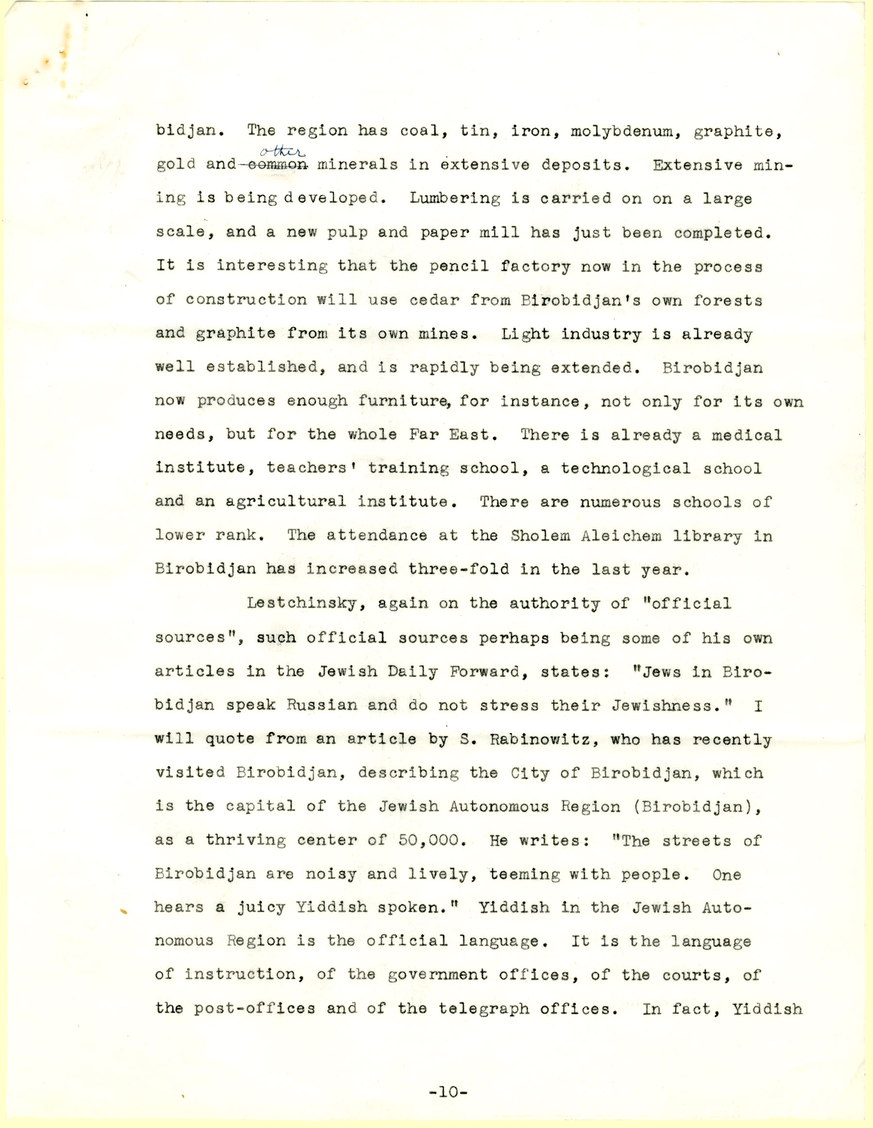 B.Z. Goldberg's letter to The New Palestine, page 10
