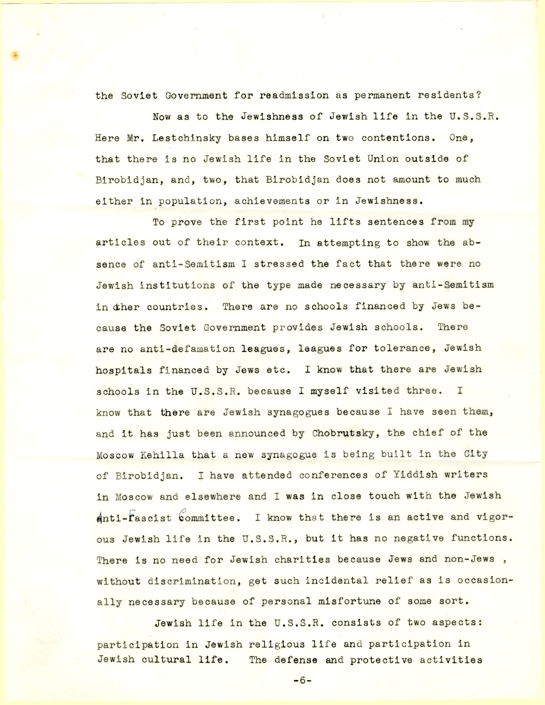 B.Z. Goldberg's letter to The New Palestine, page 6