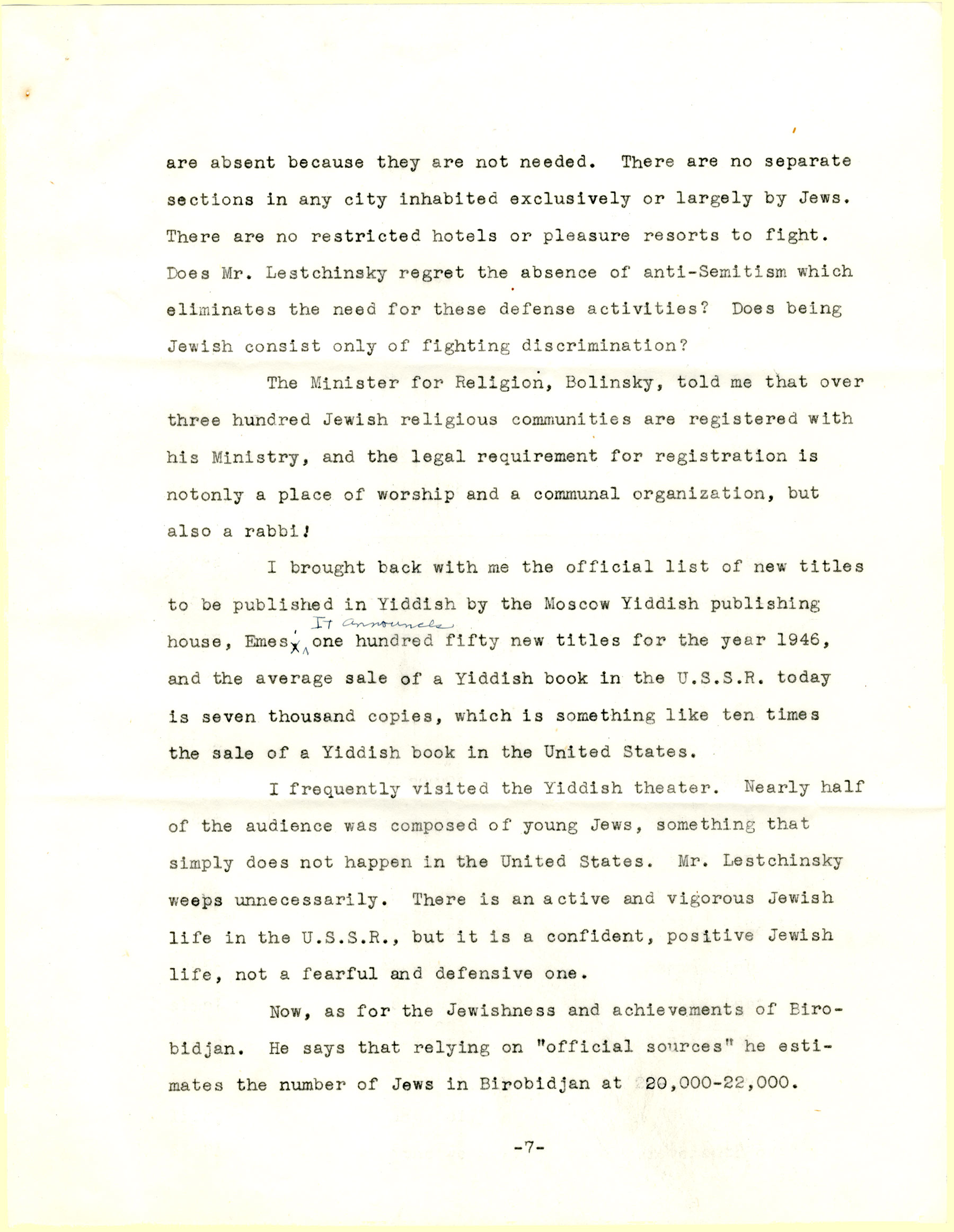 B.Z. Goldberg's letter to The New Palestine, page 7