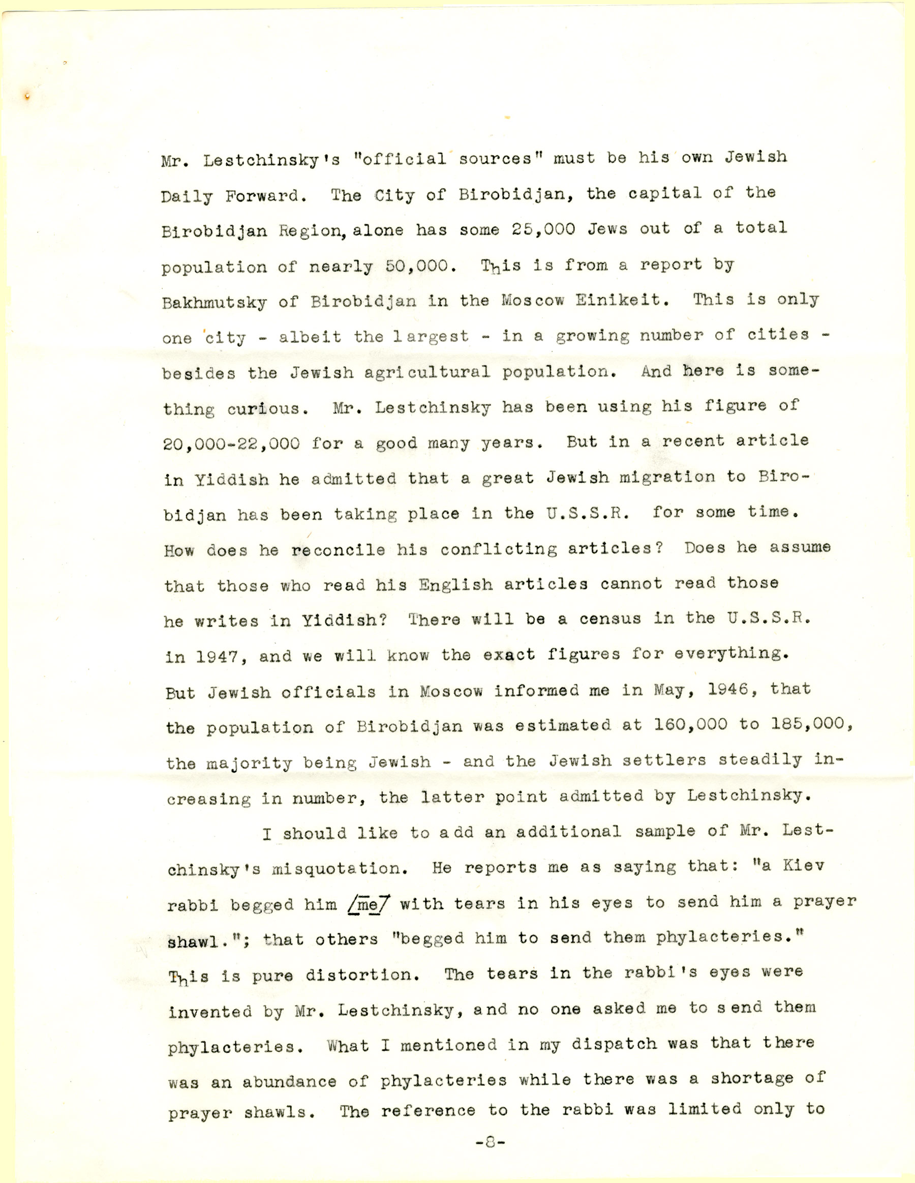 B.Z. Goldberg's letter to The New Palestine, page 8