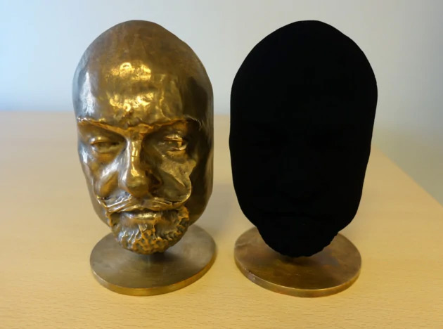 Sculpture of a head, half depth, with the back coated with Vanta Black