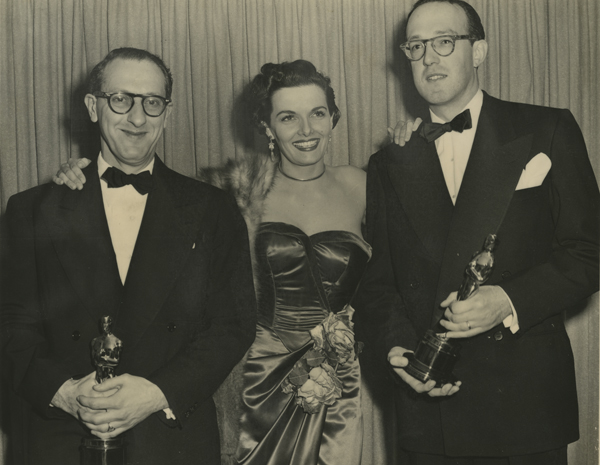 Ray Evans, Jane Russell and Jay Livingston at The Academy Awards with their first Oscar for Best Song, "Buttons and Bows," 1949.