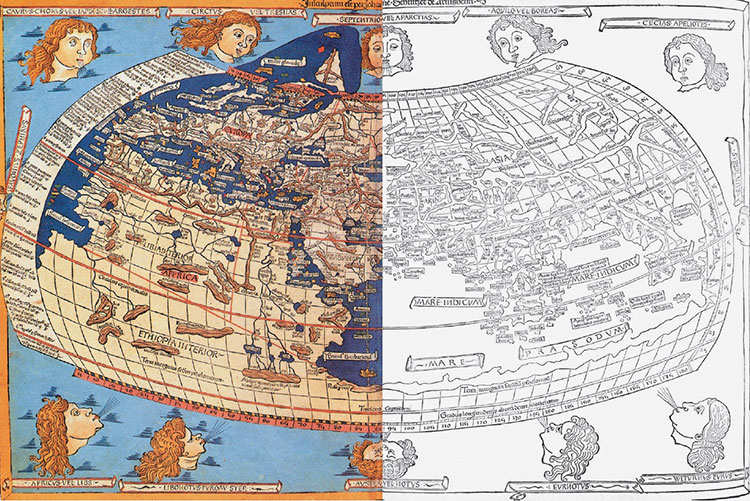Paint over print image of partially colored Ptolemy map