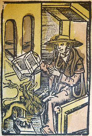 Hand colored woodcut of a beardless Saint Jerome wearing a cardinal's hat seated on a pew with a lion resting his front paws on Jerome's knees, from Saint Jerome, Septem diui Hieronymi epistole ad vitam mortalium instituendam accomodatissime, (Leipzig, 1508). Penn Libraries, Kislak Center Collections