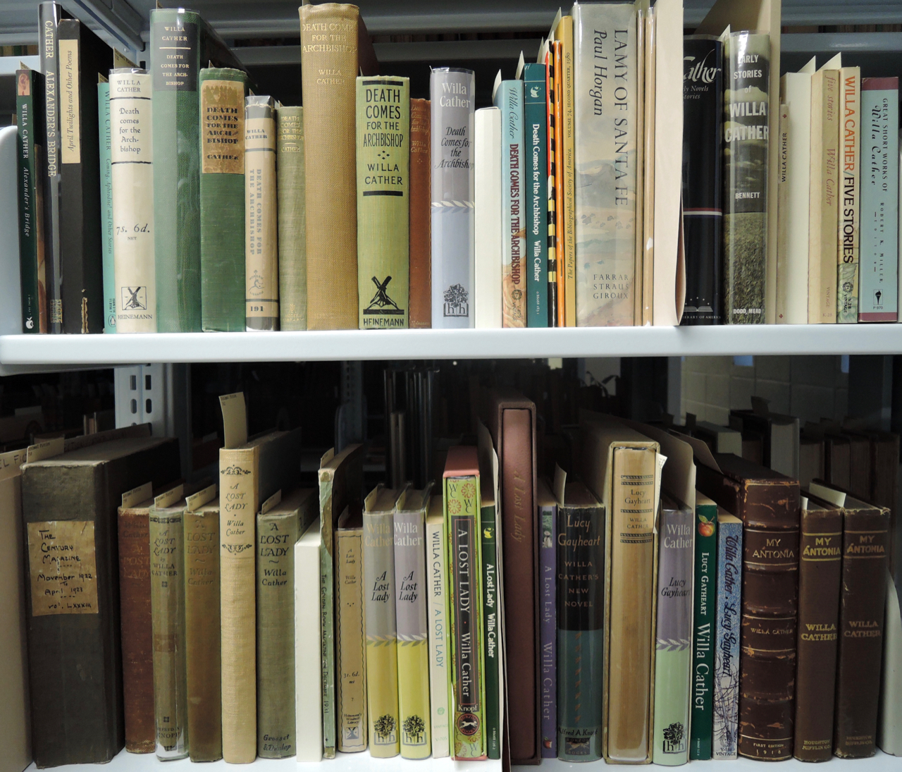 A selection of works by Willa Cather on shelves in the Schimmel Collection