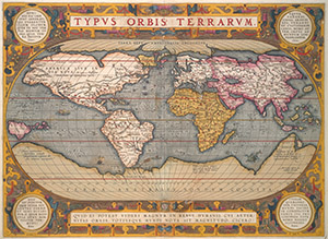 Hand-colored map, from Abraham Ortelius, Typus Orbis Terrarum (ca. 1600), Kislak Center