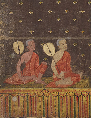 Detail monks with fans illustration from Abhidhamma chet kamphi: Phra Mālai (ca. 1870s). Collection of Southeast Asian Manuscripts, Kislak Center