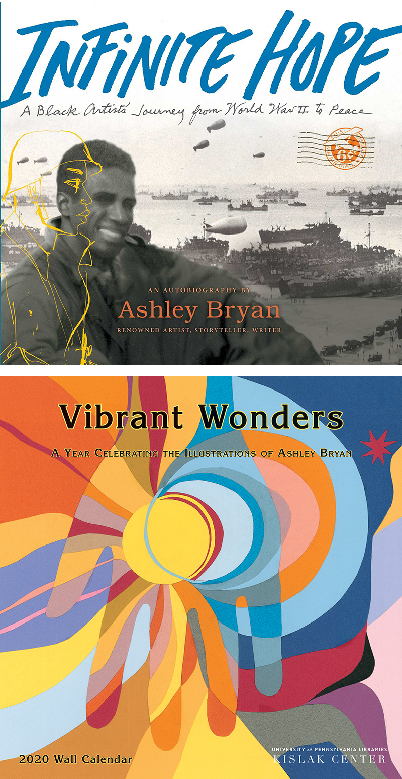 Cover of Ashley Bryan's autobiography Infinite hope featureing a black and white photograph of him as a young soldier in WWII with a line sketch of a soldier overlayed in yellow. And the cover of Vibrant Wonders featuring Ashley Bryan's color paper collage of a hand with a swirling sun motif
