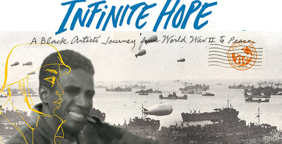 Cover of Ashley Bryan's autobiography Infinite hope featureing a black and white photograph of him as a young soldier in WWII with a line sketch of a soldier overlayed in yellow