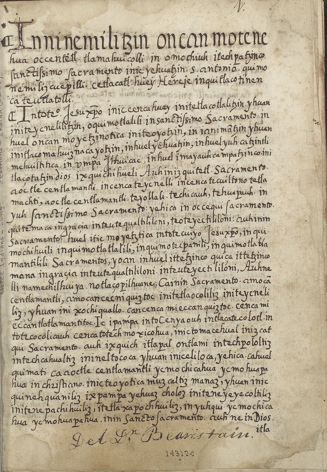 Sermonario la lengua nahuatl (Ms. Coll. 700, item 189), 1r