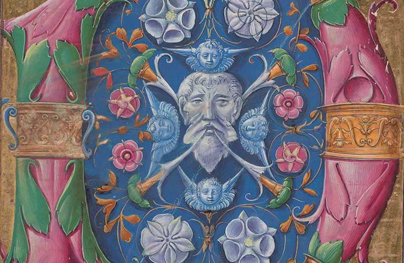 "Master B.F.,” Decorated letter P from the Santi Angelo e Niccolò at Villanova Sillaro choirbooks; Lombardy, ca. 1500. The Free Library of Philadelphia, Lewis E M 76:52