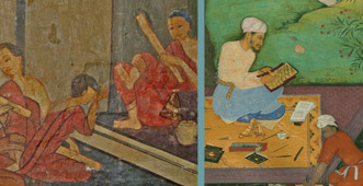 Details from Left: Buddhist monks relaxing and reading manuscripts. Wat Pathum Wanaram, Bangkok. and Right: Scribal portrait of `Abd Allah Mishkin Qalam (known as Mir `Abd Allah Katib), from a collection of poems (divan) written by Amir Najm al-Din Hasan Dihlavicv, 26 Muharram 1011.  Baltimore, The Walters Art Museum, W.650, fol. 127a