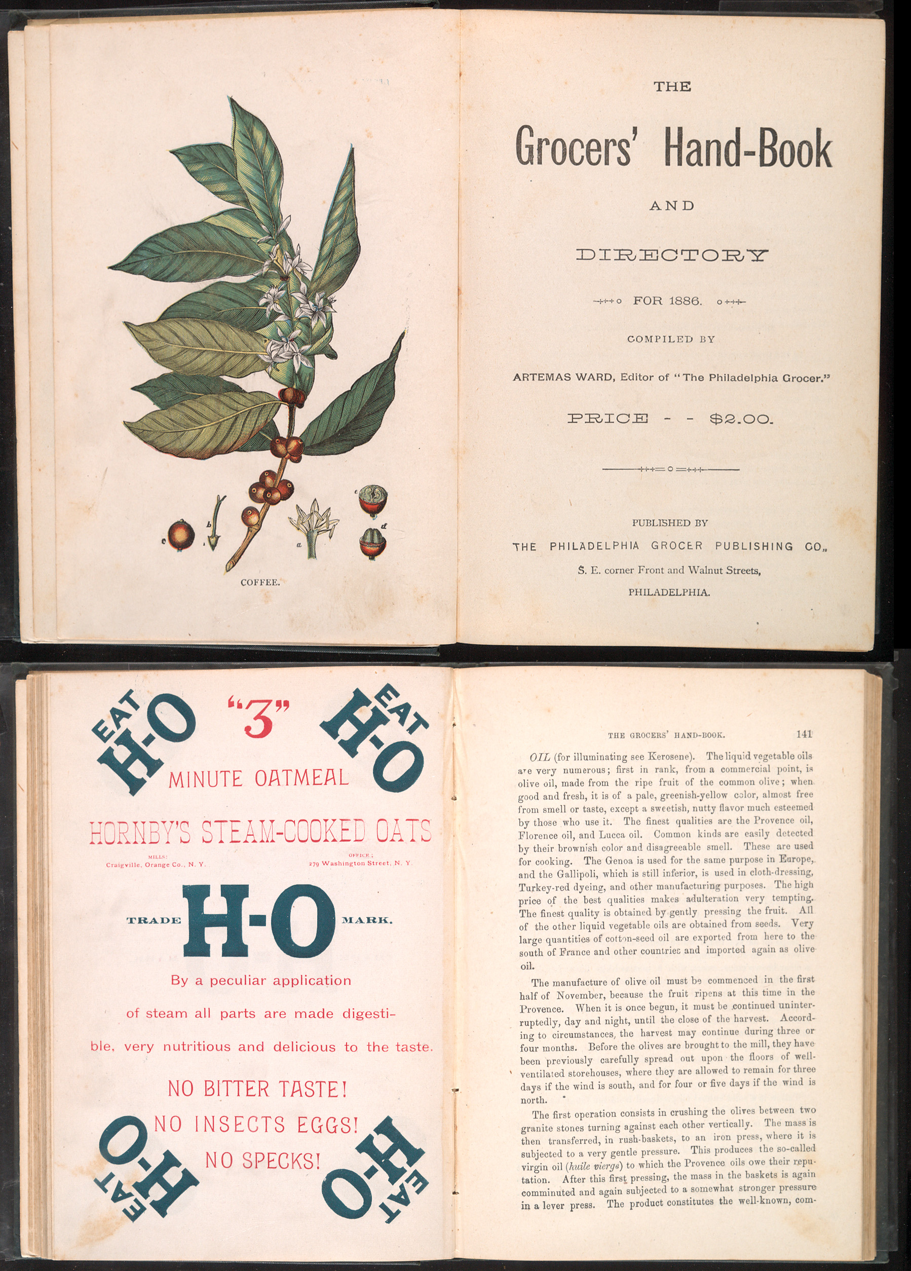 Frontispiece, titlepage and p 140-141 from The Grocers’ Hand-Book and Directory for 1886.