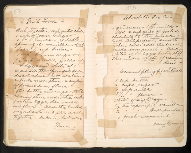 p 52-53 with Devil food recipe from a handwritten Receipt Book