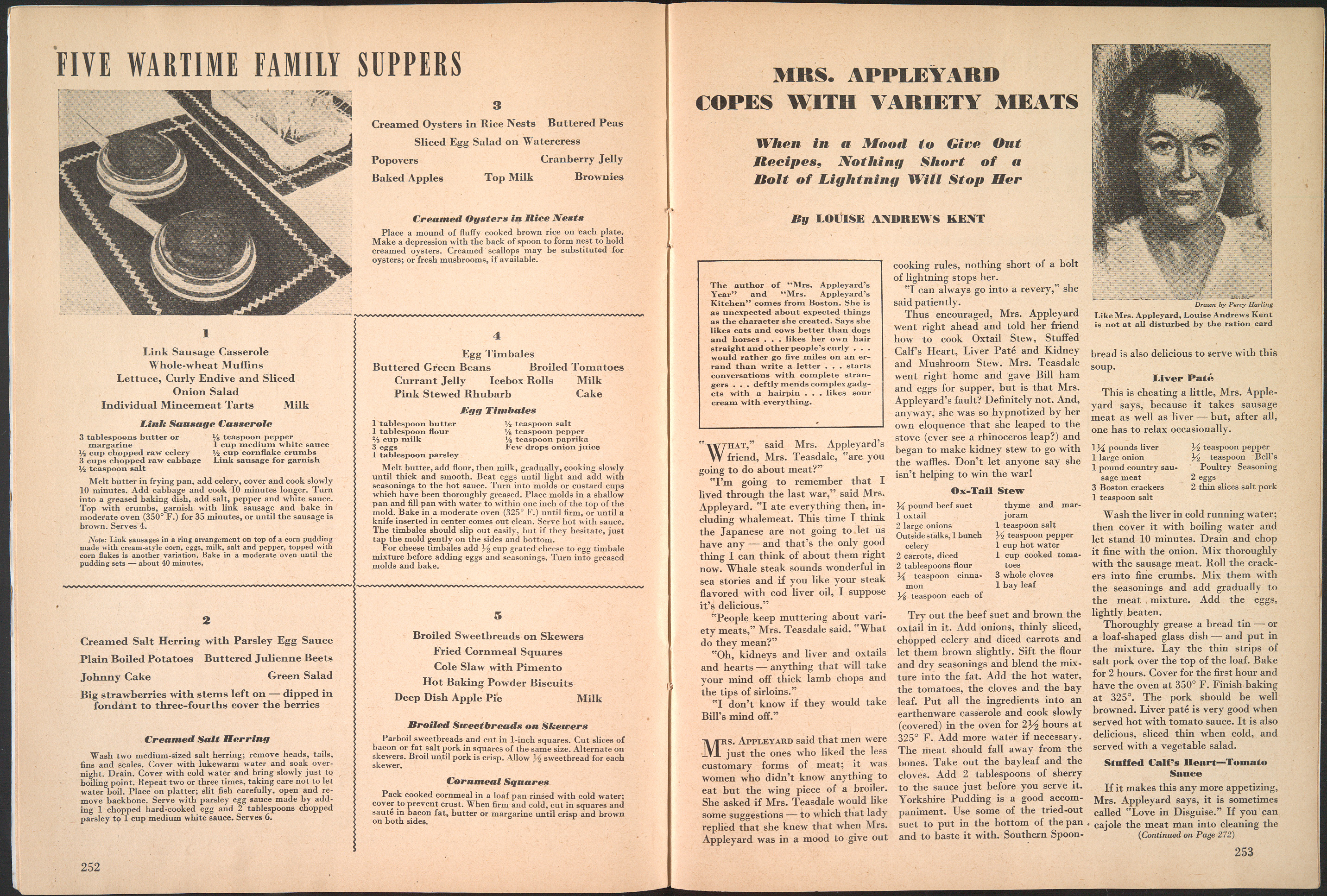 p 252-253 “Mrs. Appleyard Copes with Variety Meats” from Ameican Cookery