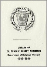 Bookplate image with text: Library of Dr. Edwin B. Aubrey, Chairman Department of Religious Thought 1949-1956