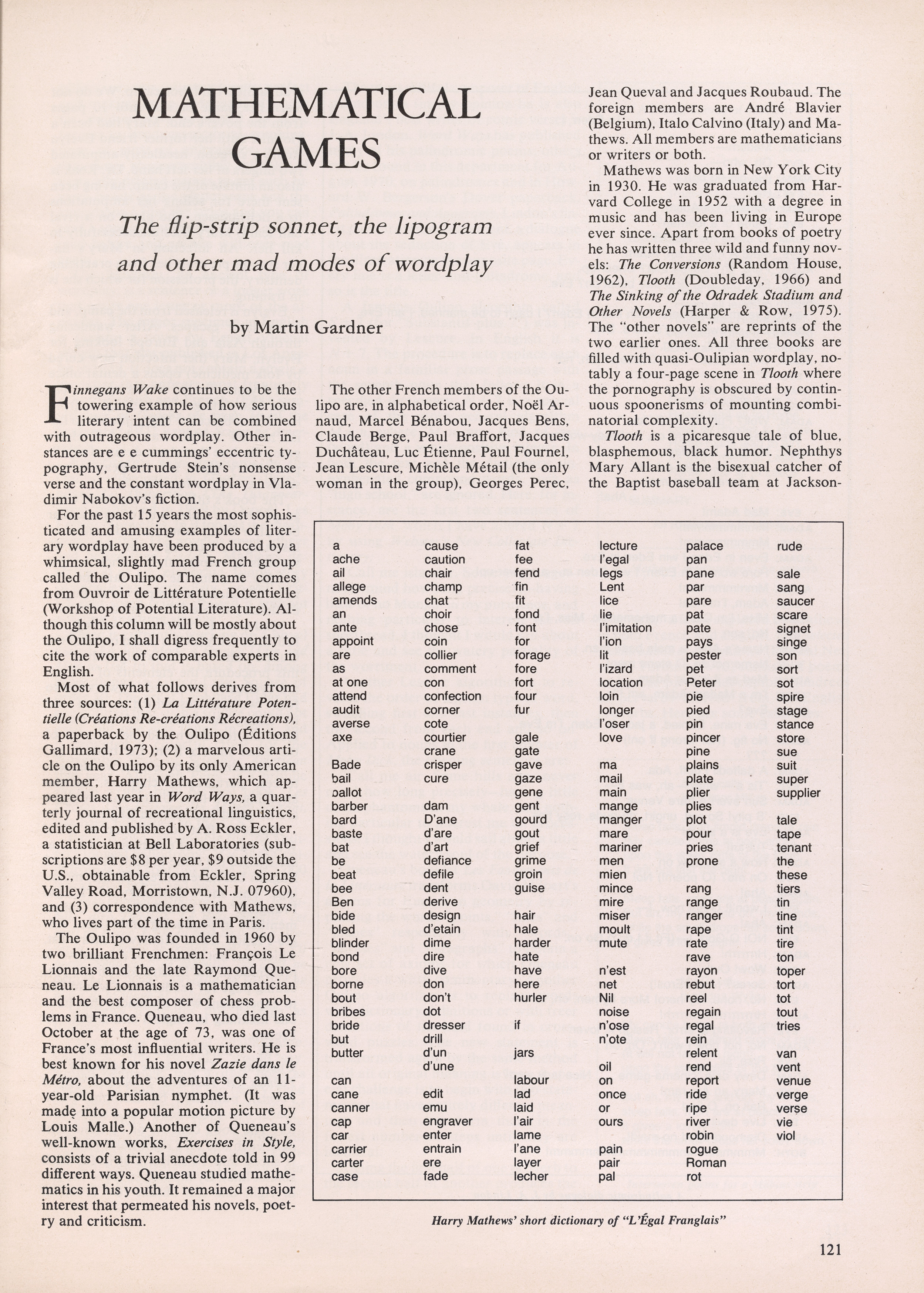 Mathews Corpus, as printed in the “Mathematical Games” column by Martin Gardner, Scientific American, February 1977