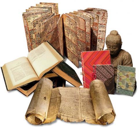 Assembly of a variety of material texts including a sculpture.