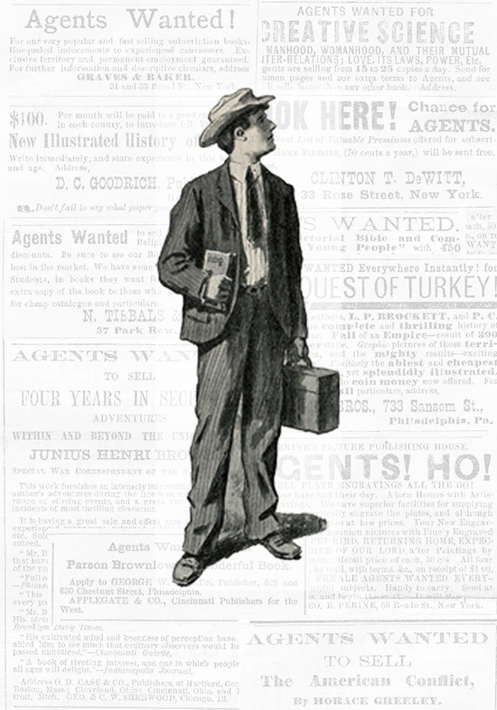 Drawing of a sales agent. The background shows advertisements, possibly from the Agents’ Herald.