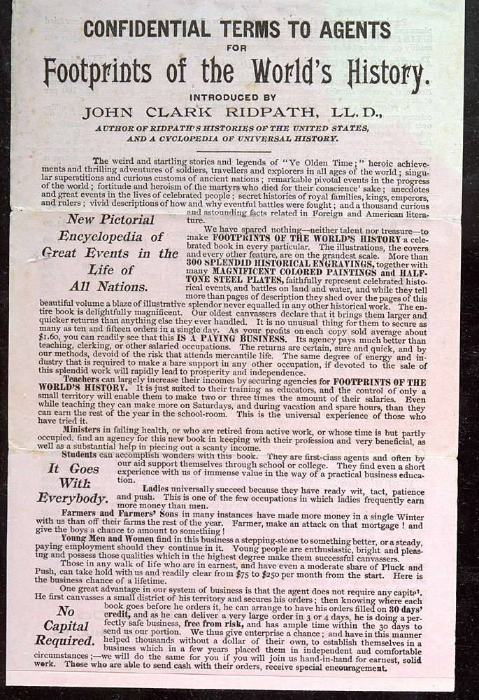 Confidential Terms to Agents for Footprints of the World's History Broadside advertisement